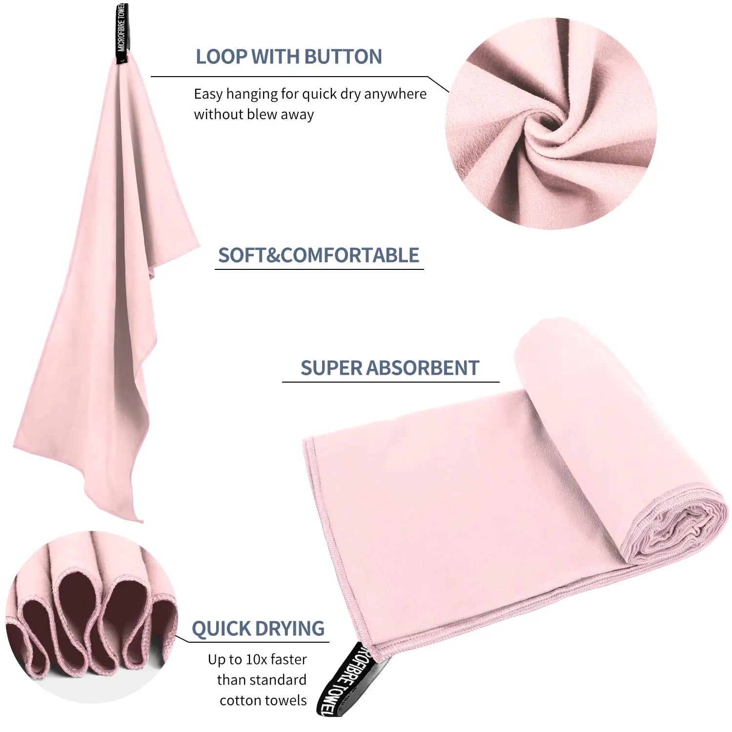 A pale pink microfibre travel towel with a hanging loop and button, shown folded and hanging with product highlights.