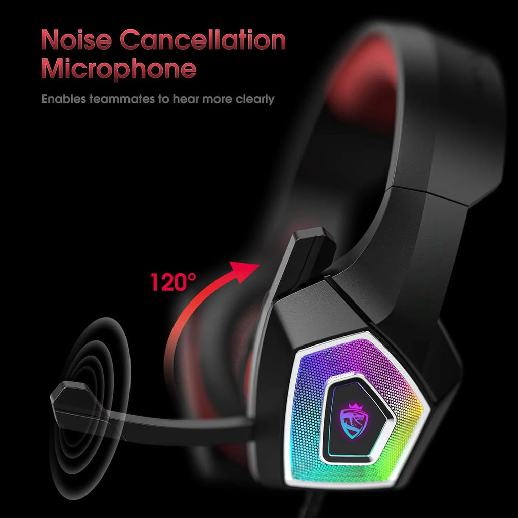 Black wired gaming headset with colourful RGB lighting and an adjustable 120-degree noise-cancelling microphone.