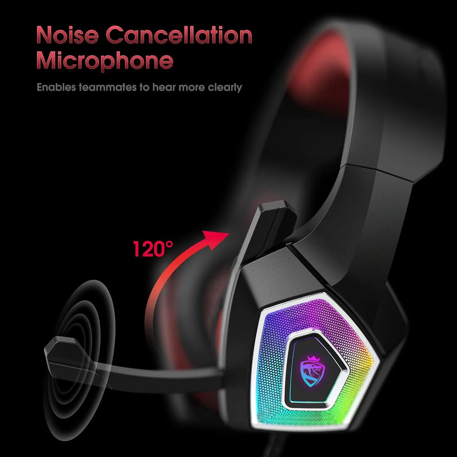 Black wired gaming headset with colourful RGB lighting and an adjustable 120-degree noise-cancelling microphone.