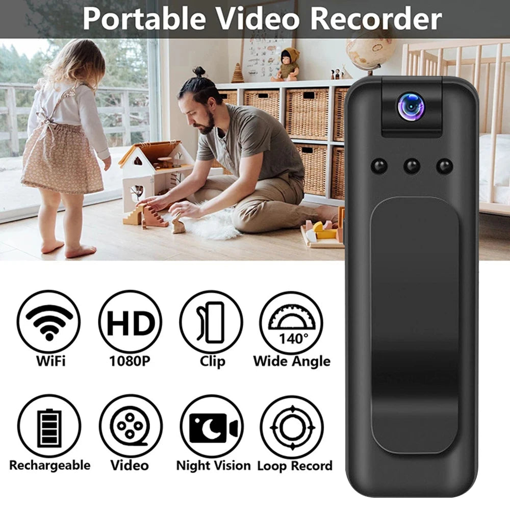Black portable 1080p HD video recorder with a plastic body, belt clip, WiFi, night vision, and 140-degree lens.