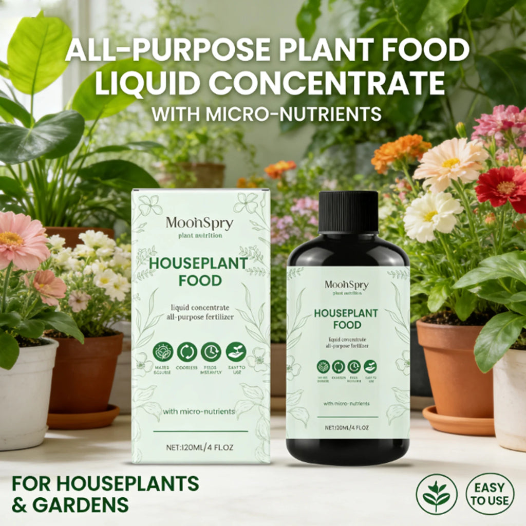 All-purpose liquid houseplant food concentrate with micro-nutrients, shown in a bottle and box amongst potted flowers.