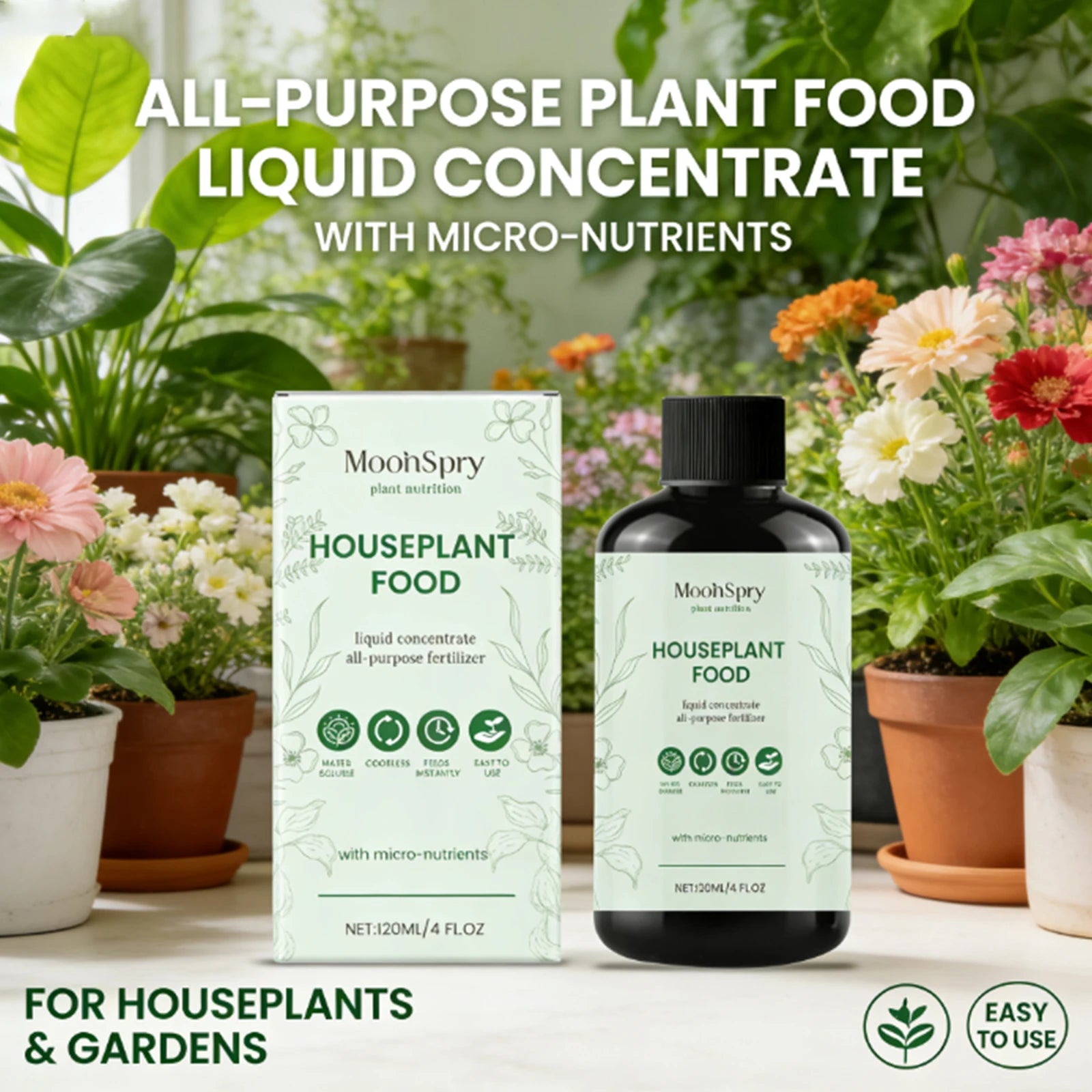 All-purpose liquid houseplant food concentrate with micro-nutrients, shown in a bottle and box amongst potted flowers.