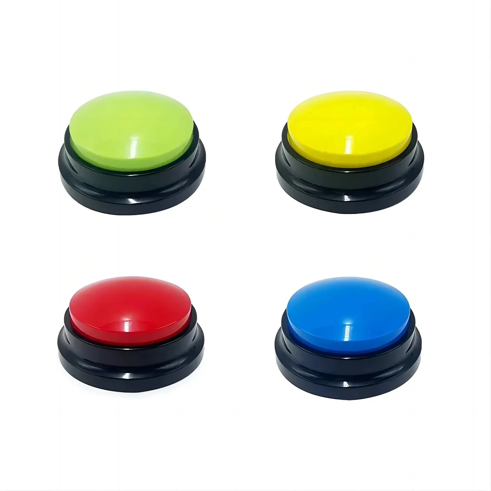 Four interactive, recordable dog training buttons in green, yellow, red, and blue with black bases.