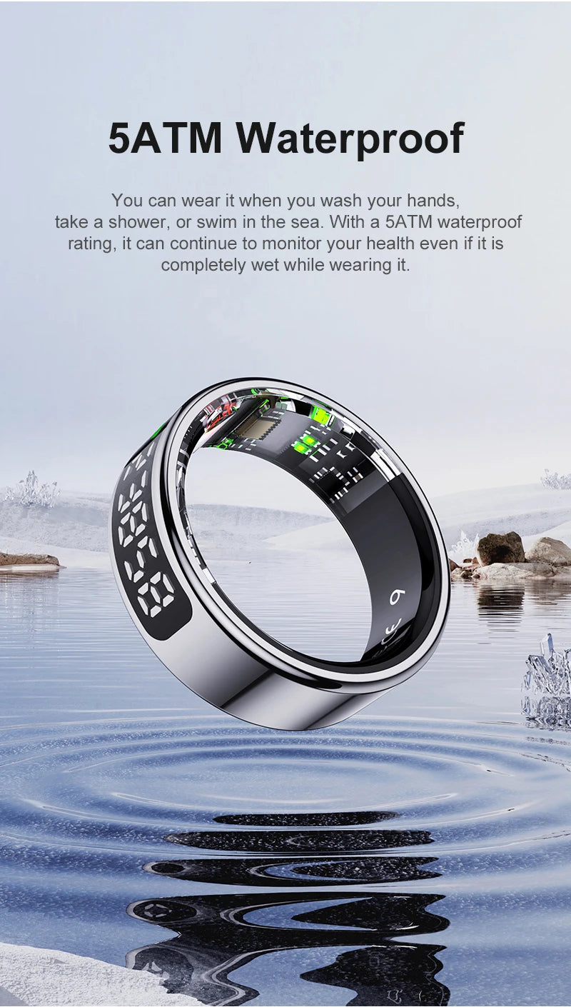 Sleek silver smart fitness ring with digital display and internal sensors, hovering above water. 5ATM waterproof design.