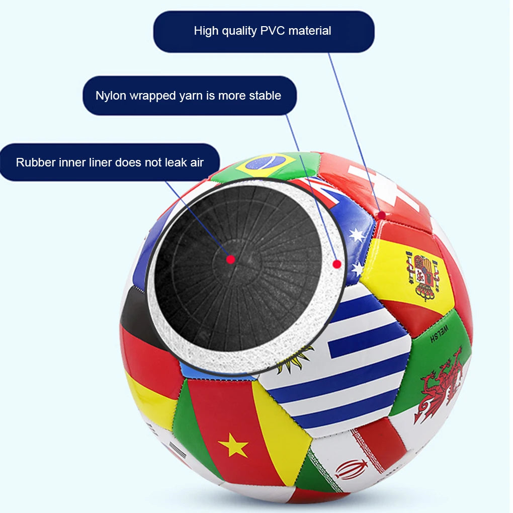 Multicoloured world flag soccer ball with durable PVC outer, nylon-wrapped yarn, and a leak-proof rubber inner liner.