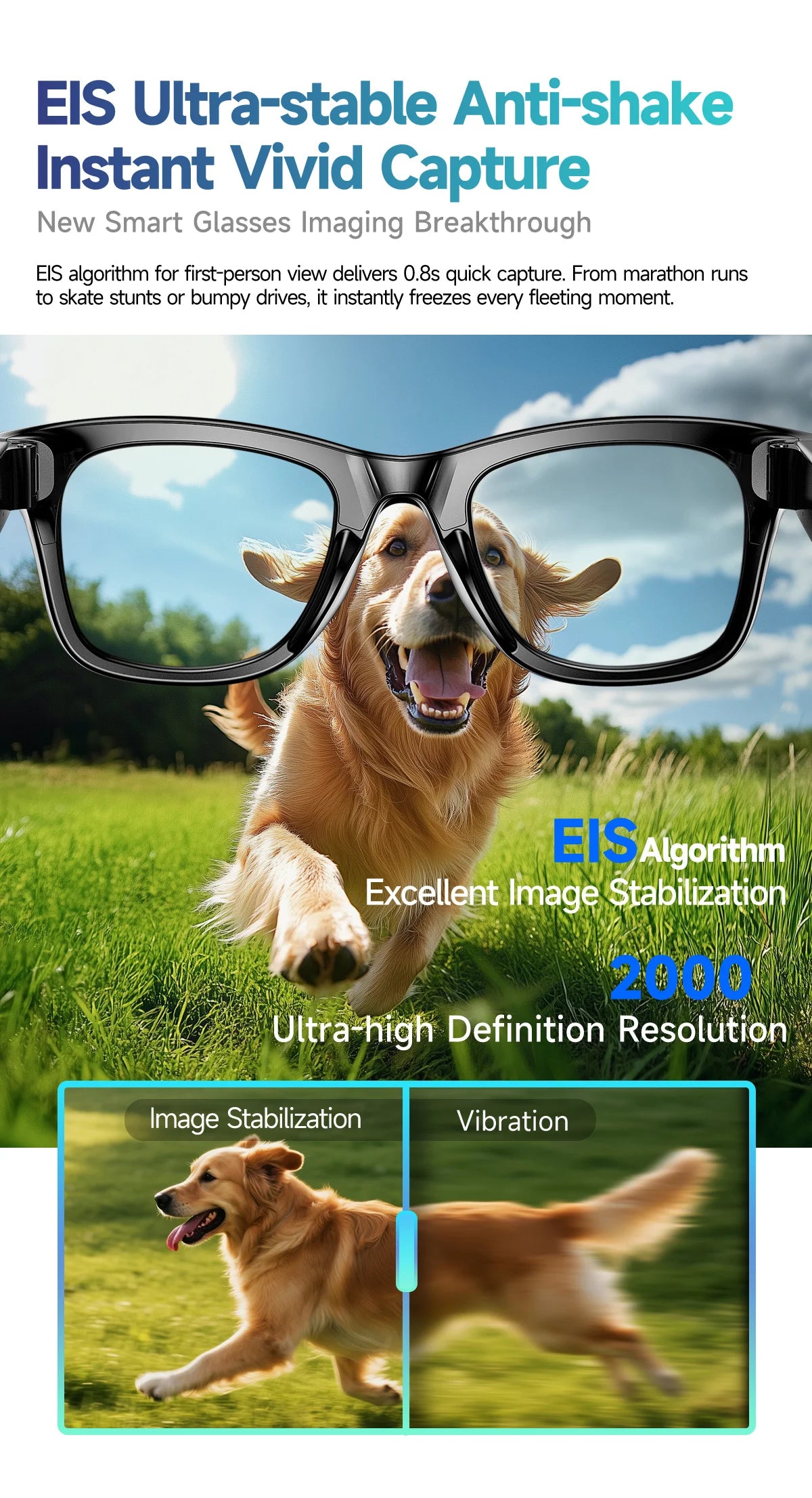 Black smart glasses featuring HD video recording, showing a clear, stabilised view of a dog running in a field.