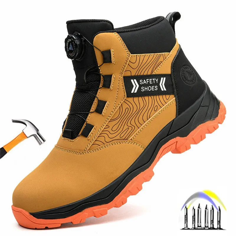 Black and tan high-top safety work boot with a rotating lacing dial, steel toe cap, and orange anti-slip rubber outsole.