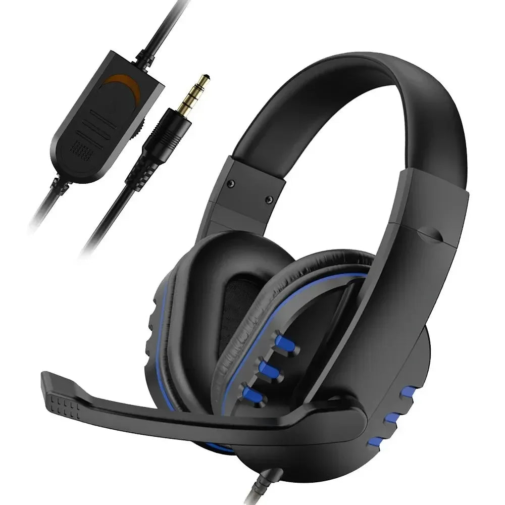 Black wired gaming headset with blue accents, adjustable microphone, and an in-line volume control remote.