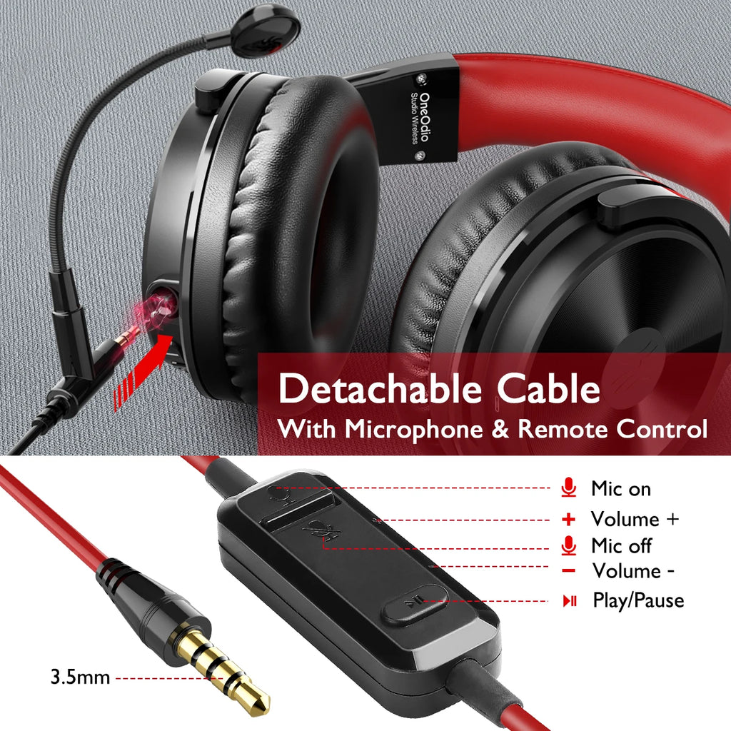 Black and red gaming headphones with a detachable 3.5mm cable, integrated microphone, and in-line remote control.