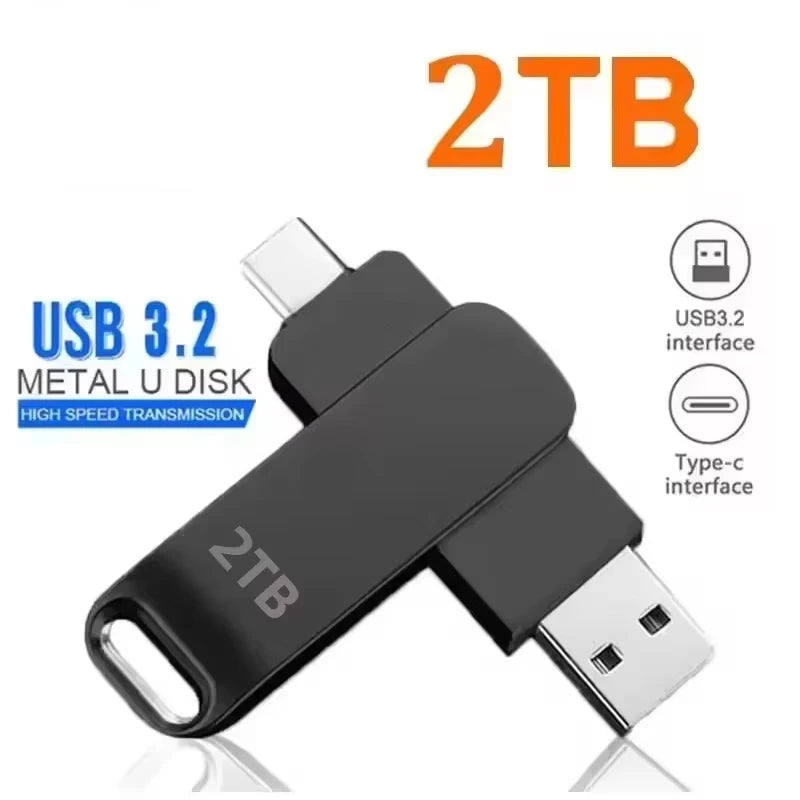 Black 2TB USB 3.2 flash drive with a dual USB-A and USB-C connector for high-speed file transfers.