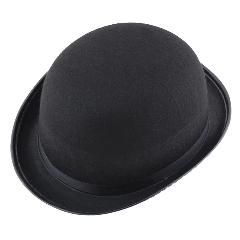 A classic black felt-style bowler hat with a rounded crown and a short, curved brim.