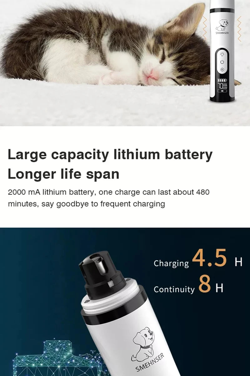 White and black electric pet nail grinder with LED light and digital display, shown near a sleeping kitten.