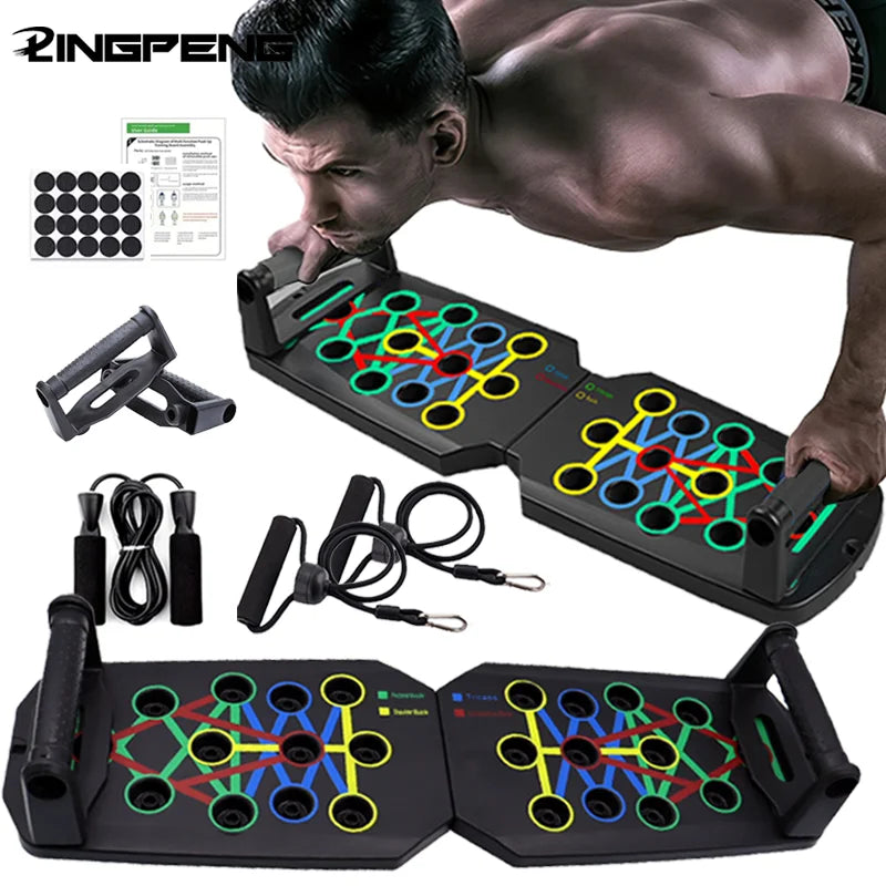 30-in-1 home gym set: foldable black push-up board with multi-coloured muscle targeting slots, handles, and cables.