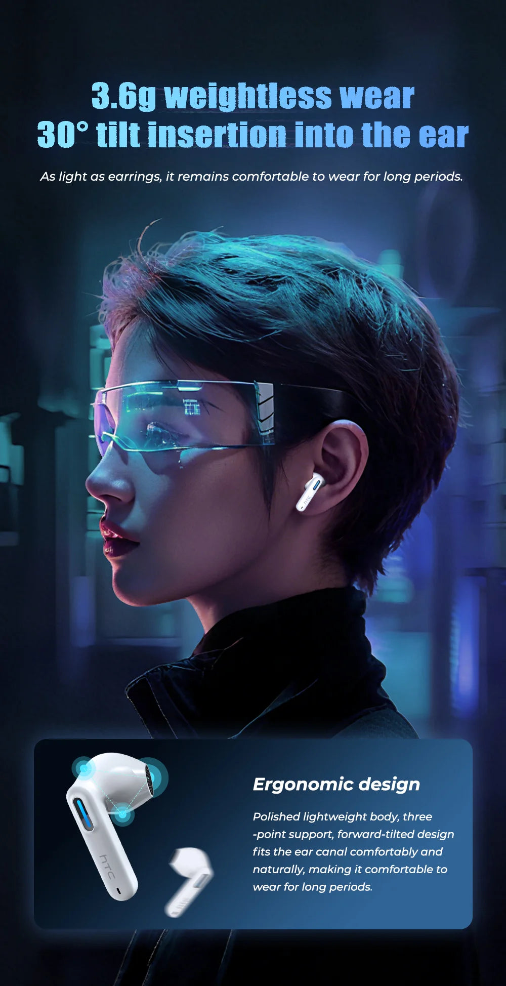 White, lightweight, ergonomic wireless earbuds with a 30-degree tilt design for a comfortable fit.