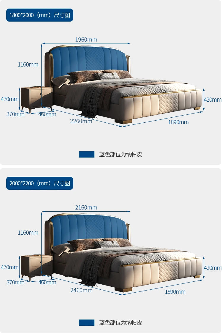 Minimalist bed frame with blue upholstered headboard, cream quilted base, and gold accents, including a matching side table.