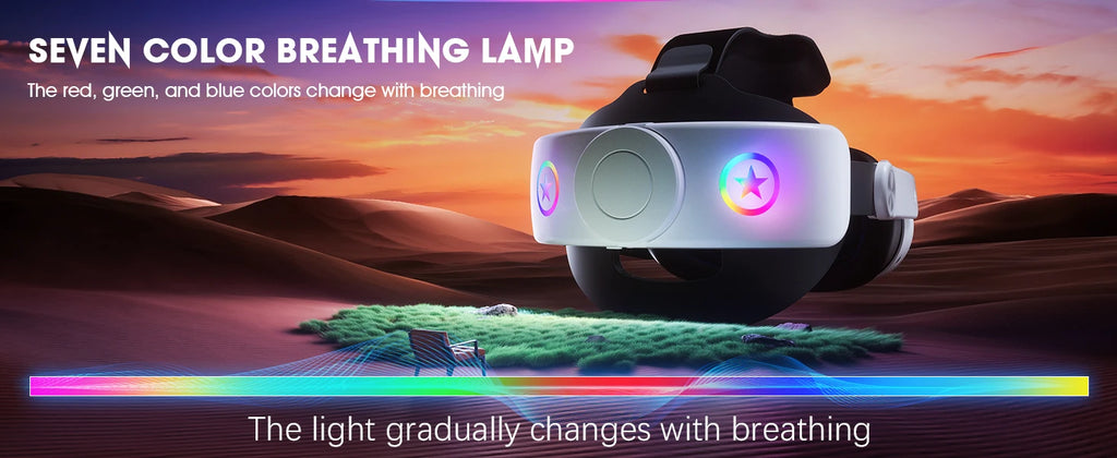 Adjustable white VR head strap with a 10000mAh battery, featuring star-shaped RGB breathing lights on the back.