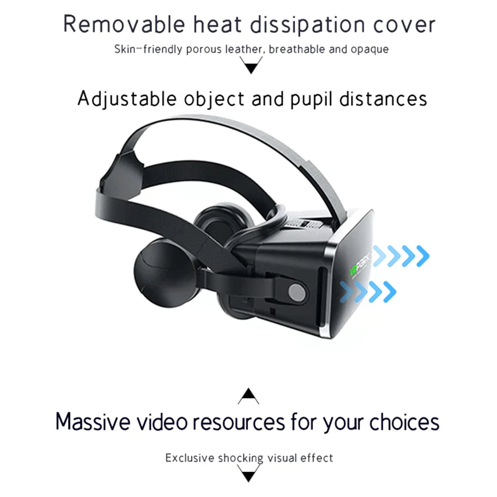 Black smartphone VR headset with adjustable straps, integrated headphones, and a breathable, removable face cover.