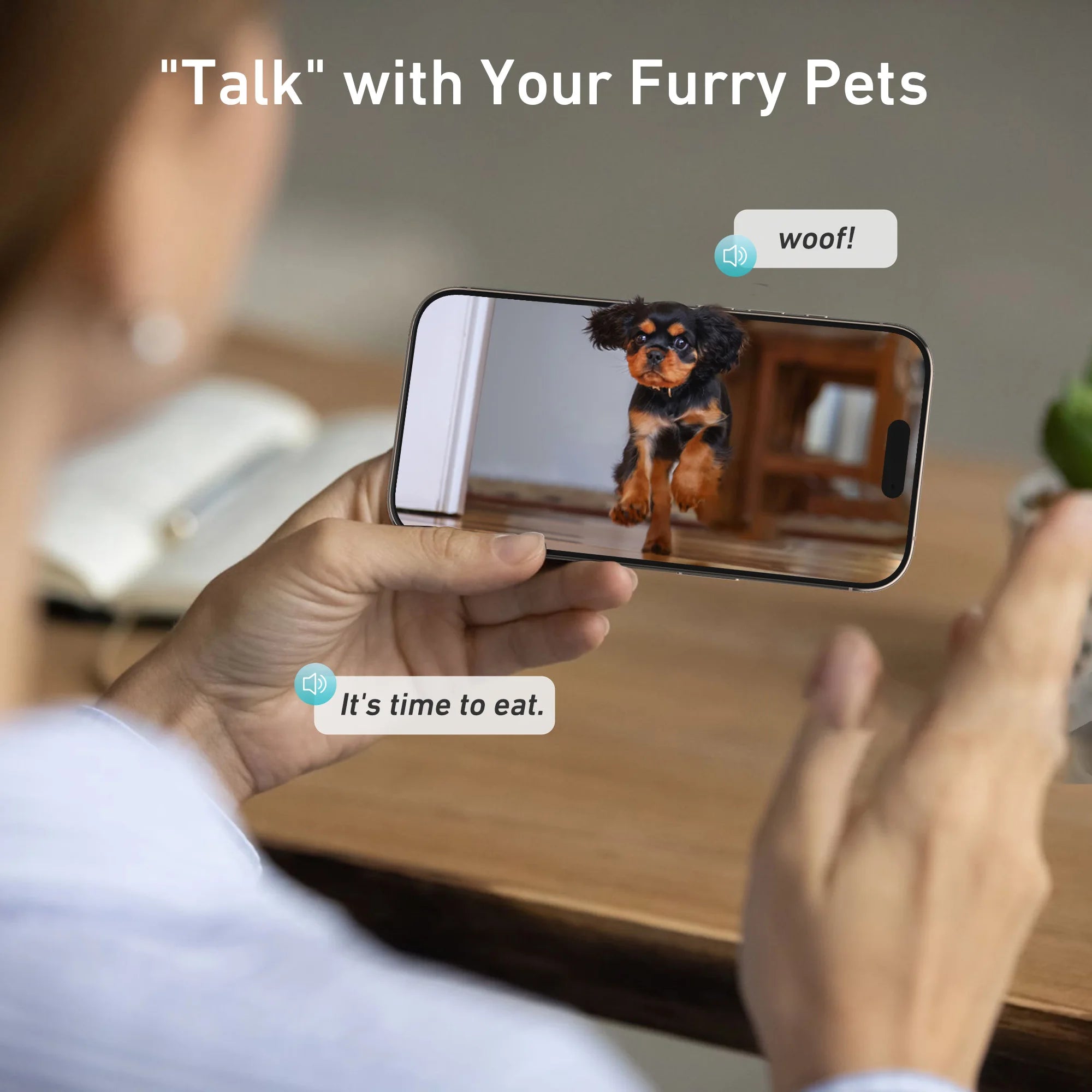 Person holding a smartphone displaying a video of a small, black and brown puppy with speech bubbles.