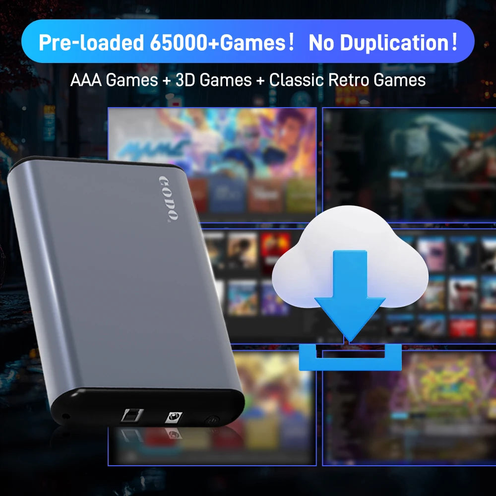Gray rectangular gaming hard drive with rounded edges and black ports, displaying game screens and a download icon.