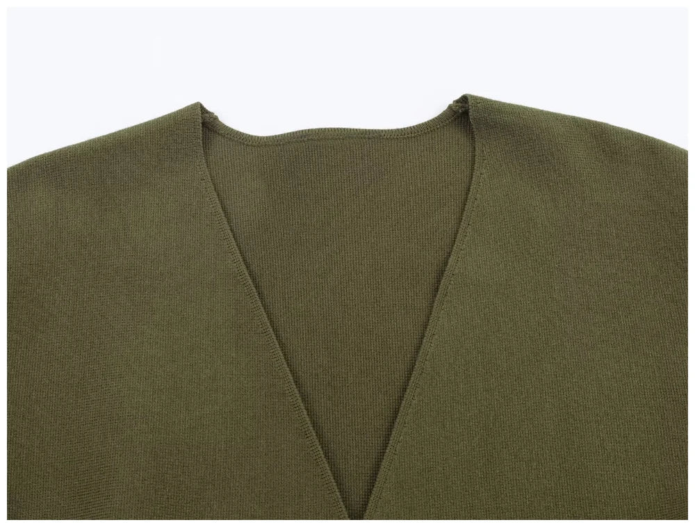 Olive green V-neck knitted jumper, featuring a fine gauge knit texture and a classic plain design.