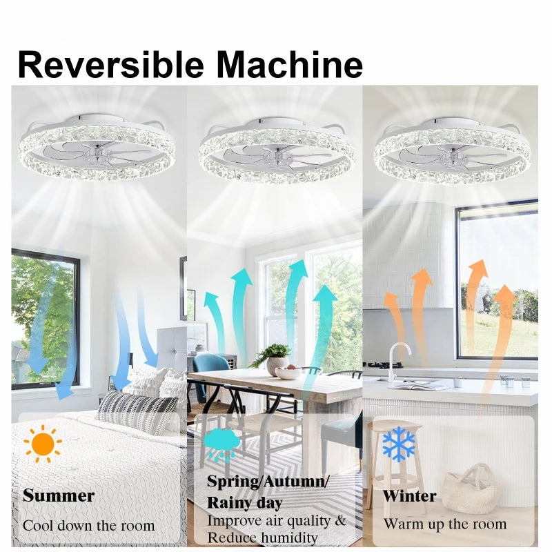 White 18.9in round LED ceiling fan with a crystal-style border, featuring reversible airflow for seasonal use.