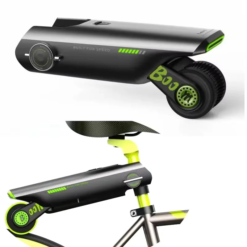 Sleek dark gray electric bike booster unit with bright green accents and a small motorized friction drive wheel.