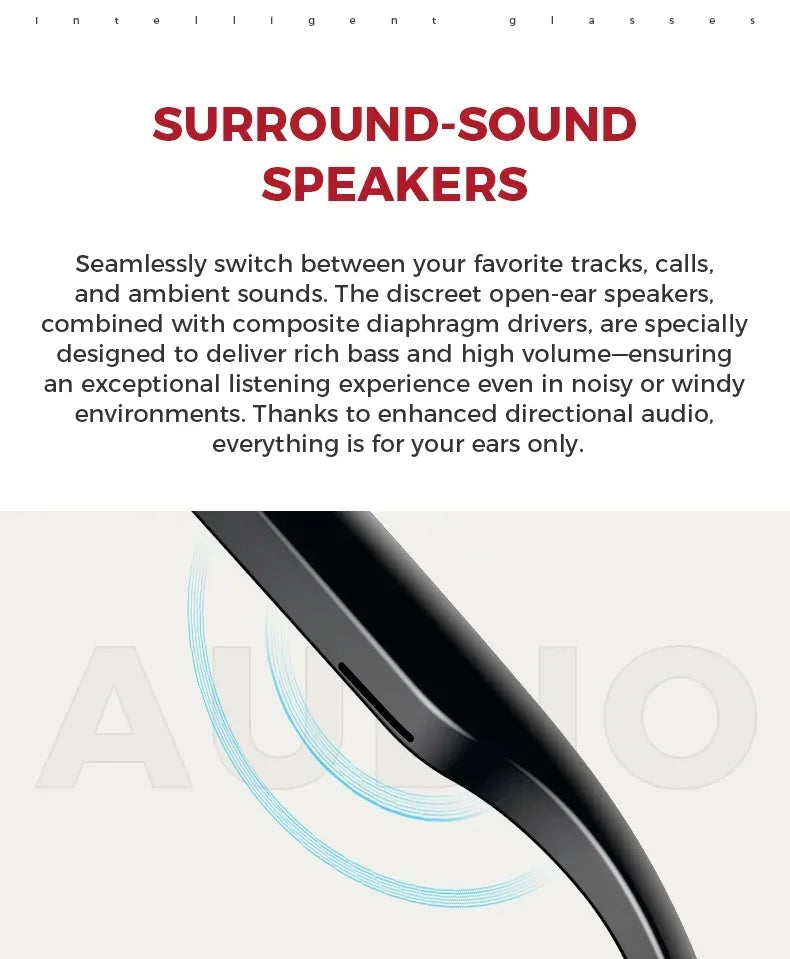 Close-up of sleek, black AI smart glasses featuring open-ear directional speakers for high-quality audio.