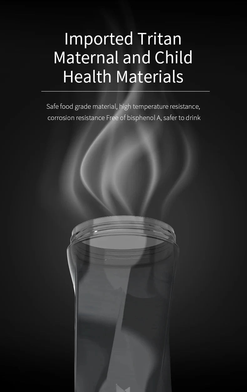Clear, BPA-free Tritan water bottle on a dark background, showcasing heat resistance with visible rising steam.