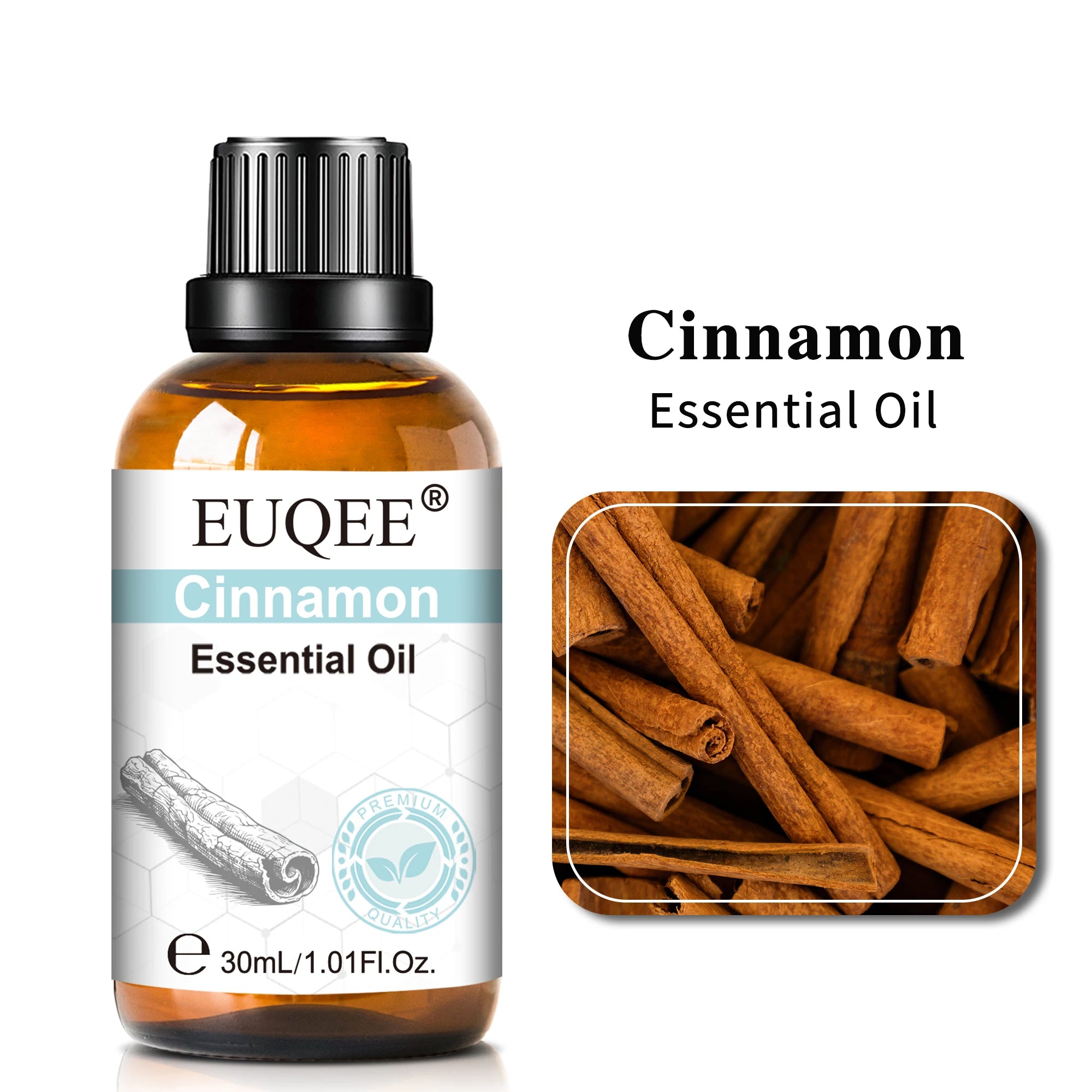 30ml amber glass bottle of Cinnamon essential oil with black dropper cap, featuring an image of cinnamon sticks.