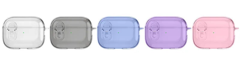 Five clear, transparent silicone cases for AirPods Pro in clear, black, blue, purple, and pink.