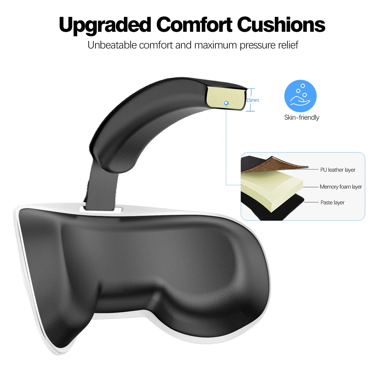Black adjustable headset cushion with 15mm thick memory foam and skin-friendly PU leather for enhanced comfort.