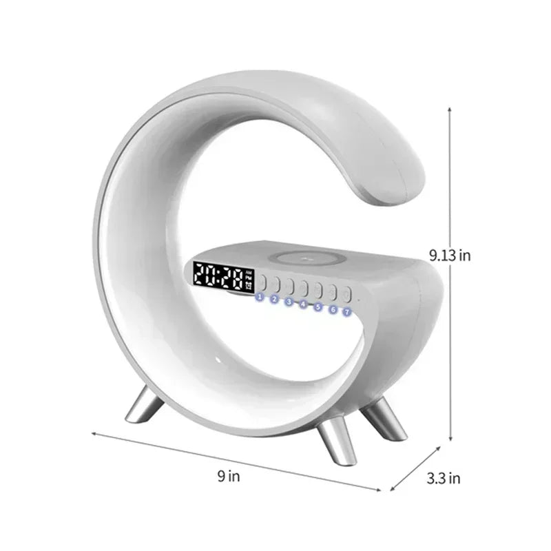 White, crescent-shaped wireless charging stand with an integrated LED alarm clock, speaker and measurement labels.