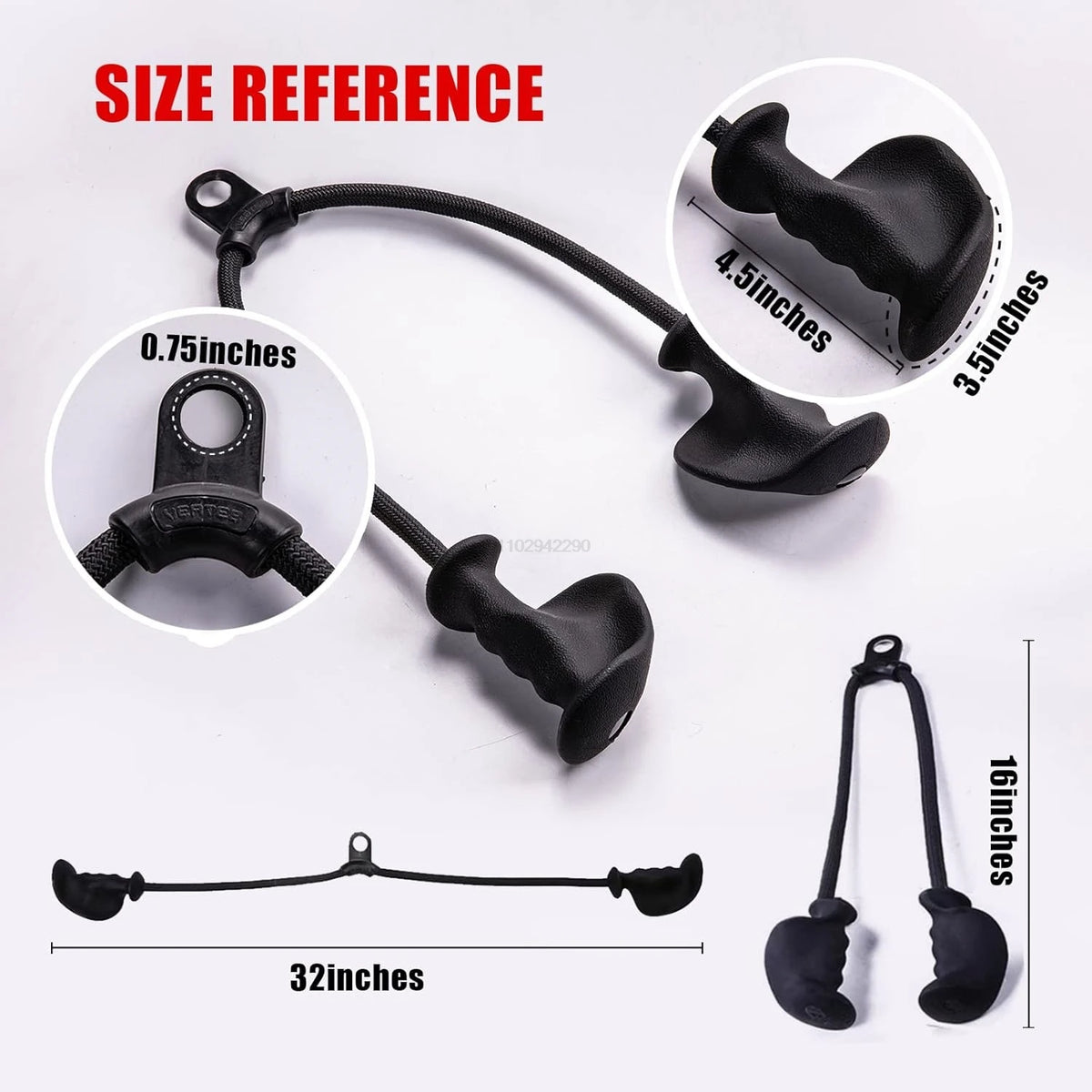 Size reference image for black tricep rope with ergonomic handles, showing dimensions including 32" length.