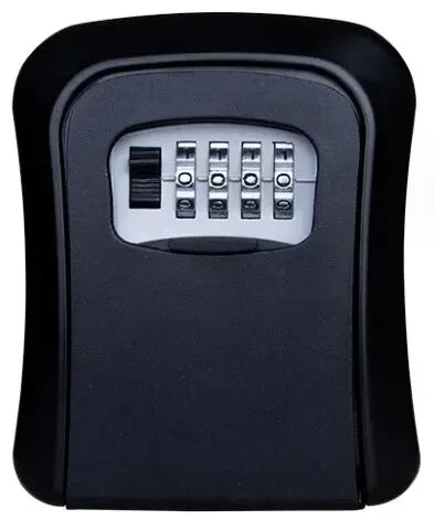 Black metal wall-mounted key lock box with a four-digit combination dial and manual release slider.