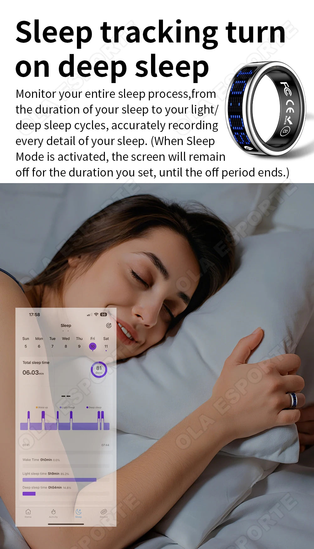 A woman sleeps wearing a sleek, black smart ring with a digital touch display showing health tracking data on a phone.