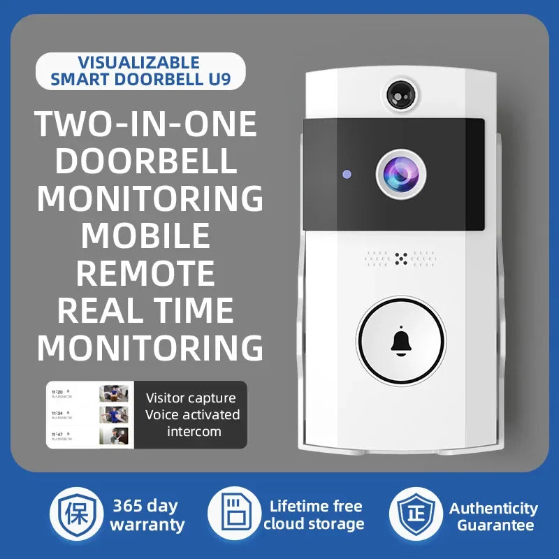 White wireless solar smart video doorbell with built-in camera, bell button, and protective weatherproof rain cover.