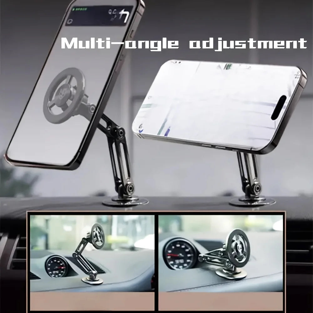 Adjustable metallic car phone mount with a magnetic, multi-angle pivoting arm, designed for dashboard mounting.
