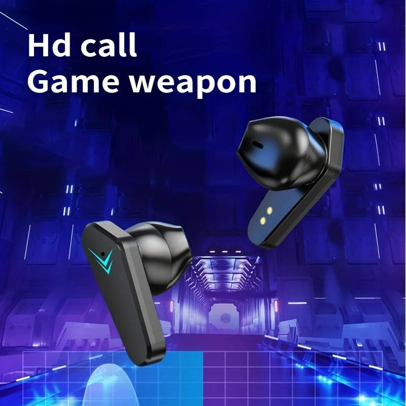 Black gaming earbuds with sleek, angular design and glowing teal chevron accents against a digital blue background.