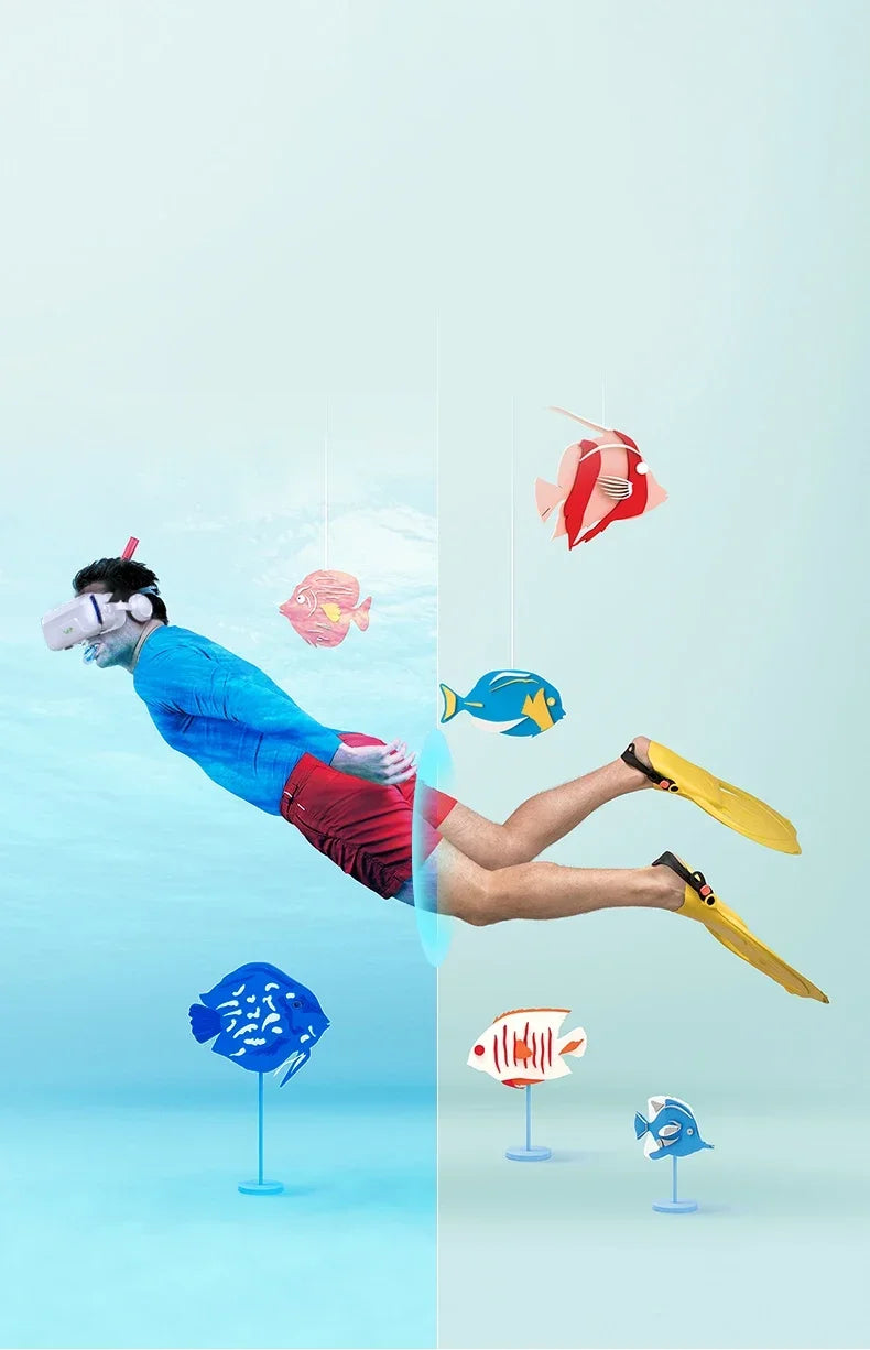 Person in VR headset, blue shirt, red trunks, and yellow fins "swimming" through a portal with colorful paper fish.