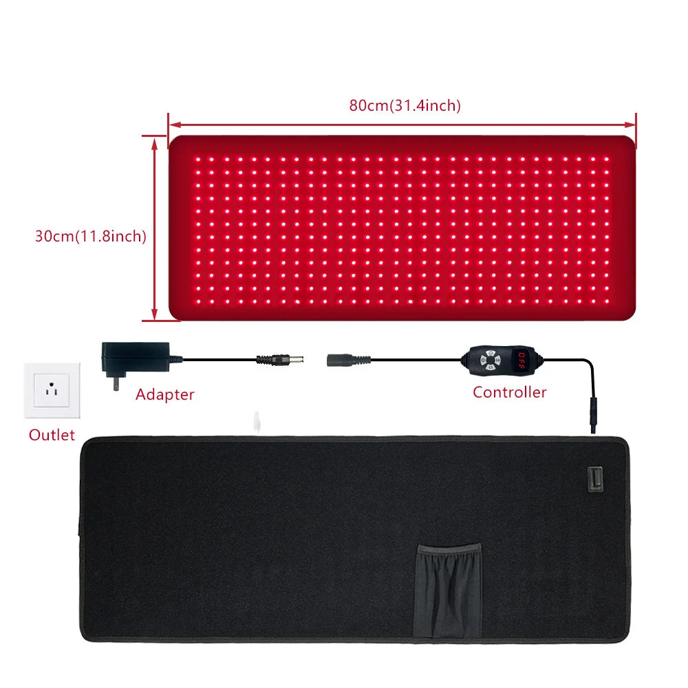 Red light therapy pad with dimensions 80x30cm, adapter, controller, and outlet shown.