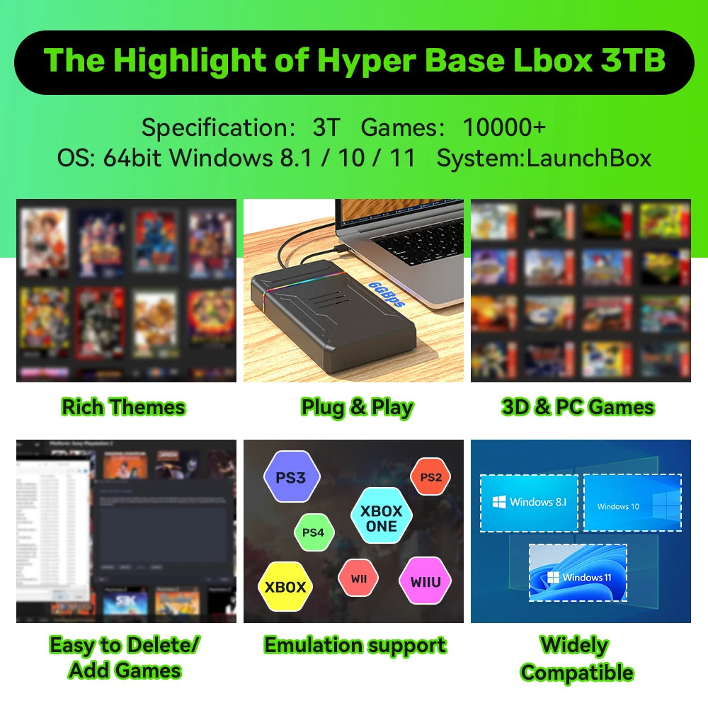 Black 3T gaming hard drive connected to a laptop, featuring LaunchBox OS and retro game emulation support.