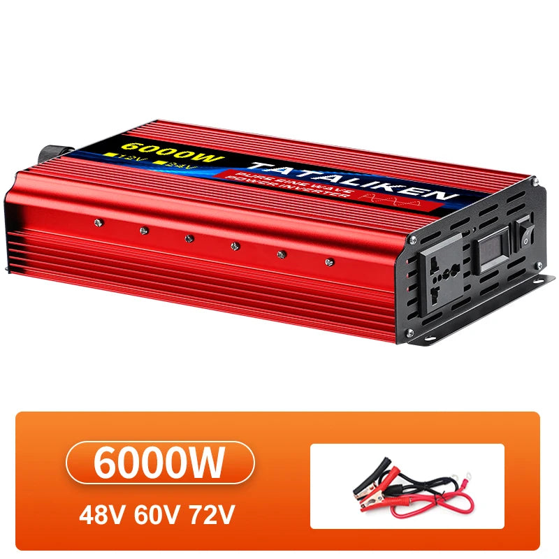 Red 6000W pure sine wave power inverter with a digital display, electrical socket, and included connection cables.