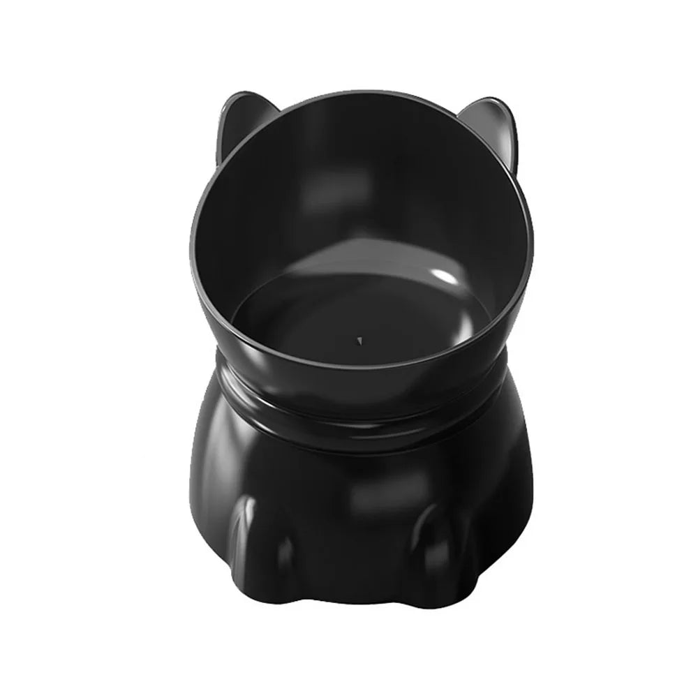 Glossy black ergonomic cat-shaped feeding bowl with elevated base for neck comfort.