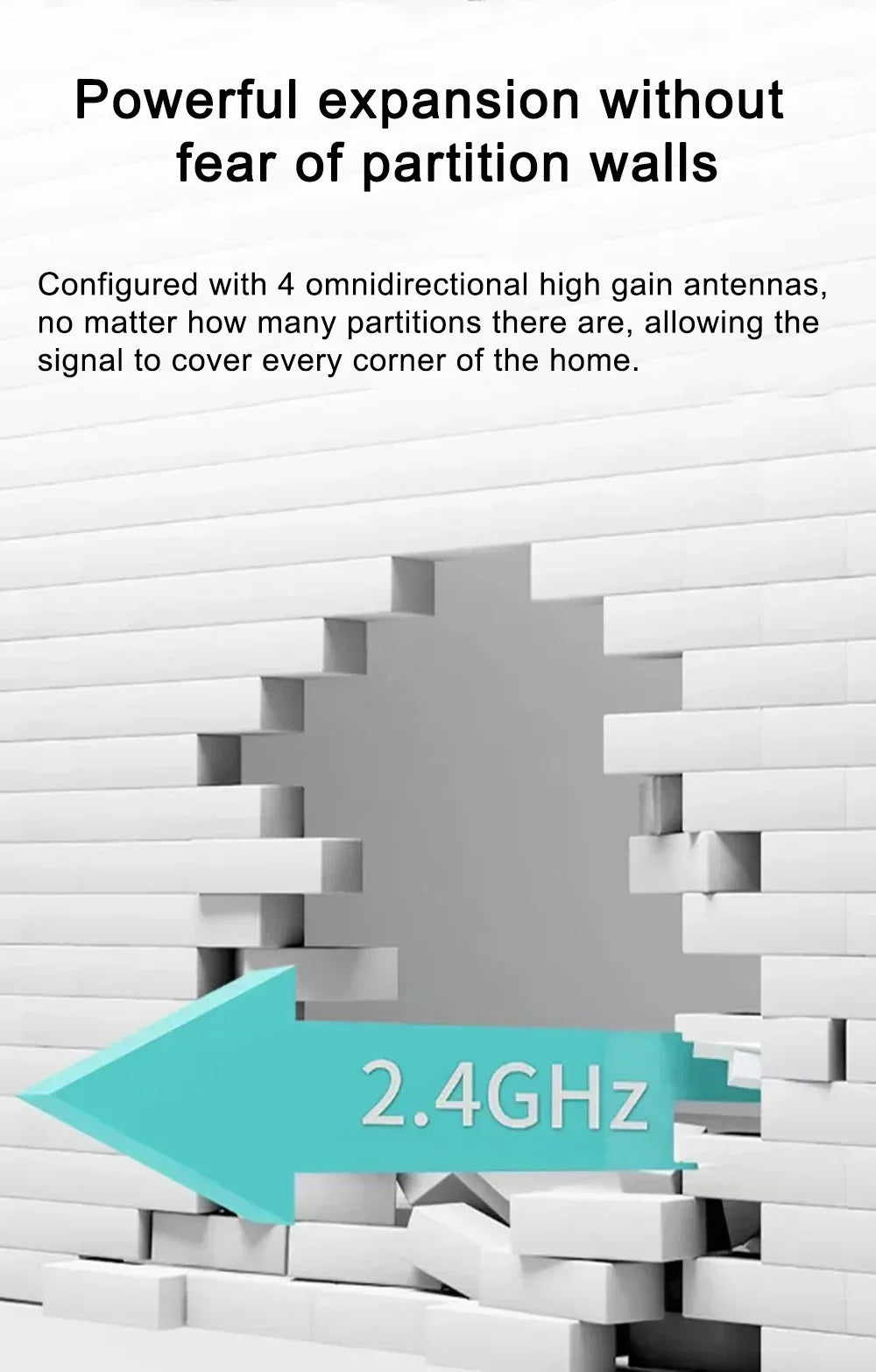 White brick wall with a hole broken through by a turquoise 2.4GHz arrow, symbolising powerful WiFi signal penetration.