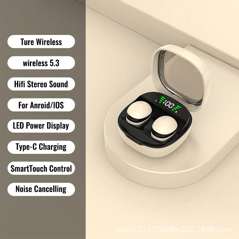 Cream-colored wireless earbuds in a charging case with a black interior and a digital green battery percentage display.