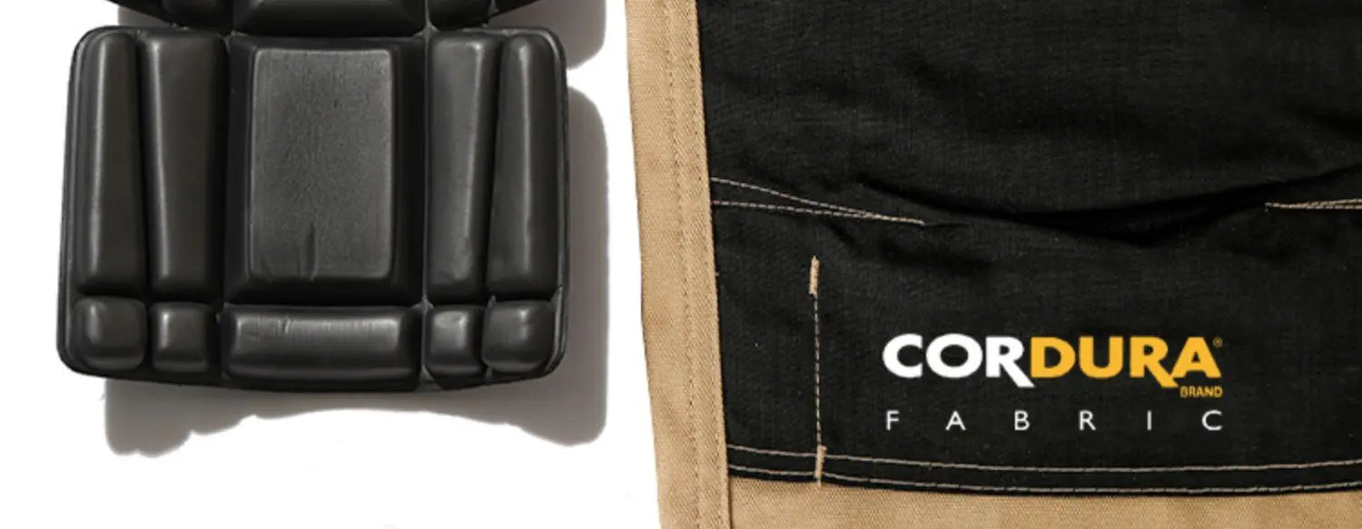 Close-up of black work trouser knee pad inserts next to a tan and black reinforced fabric trouser leg.