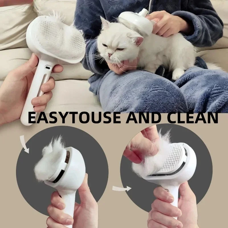 White self-cleaning pet grooming brush being used to groom a white cat, with panels showing fur removal.