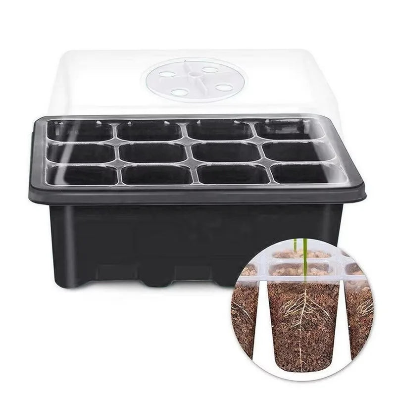 Black 12-cell plastic seedling tray with a clear, vented humidity dome. Includes a detail inset of roots in soil.