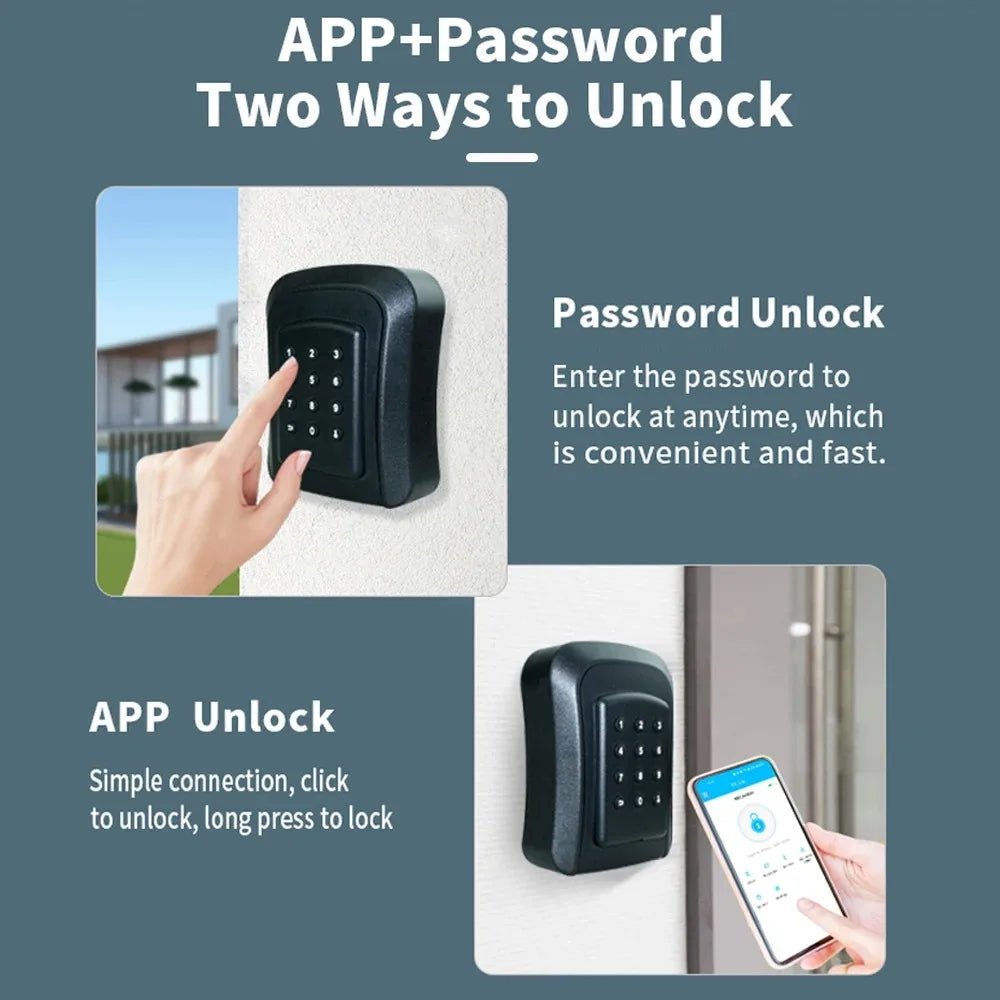 Black metal smart key lock box with digital keypad for password or app-based unlocking mounted on a wall.