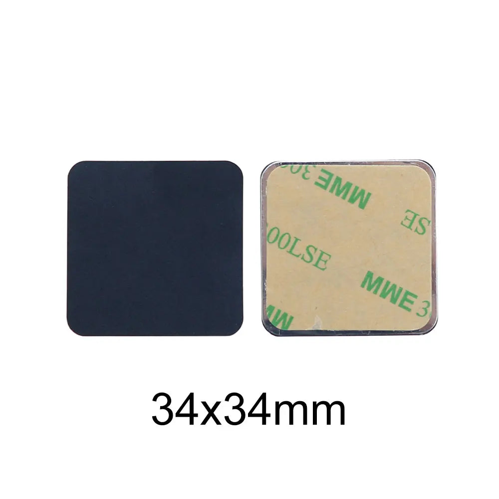 Two square 34x34mm adhesive plates: one black front side and one reverse side with peel-off backing.